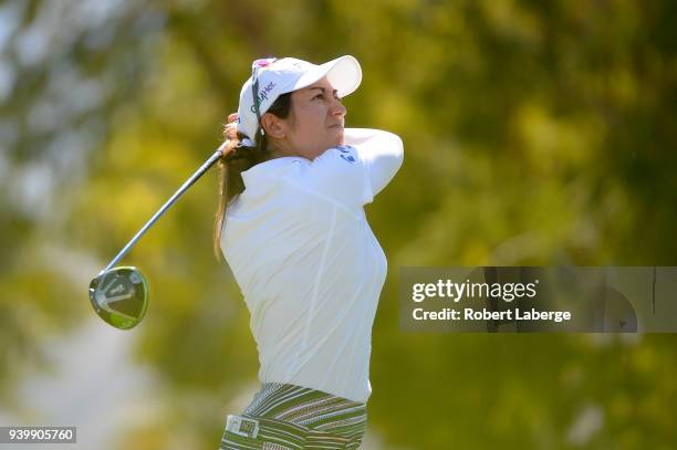 Marina Alex makes a tee shot on the seventh hole during round one of the ANA Inspiration on the Dinah Shore Tournament Course at Mission Hills...