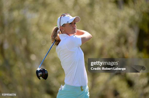 Amy Olson hits a tee shot on the seventh hole during round one of the ANA Inspiration on the Dinah Shore Tournament Course at Mission Hills Country...