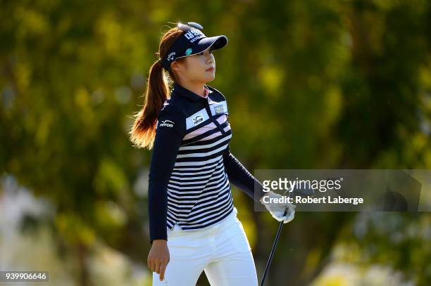 Jeongeun Lee of South Korea makes a tee shot on the seventh hole during round one of the ANA Inspiration on the Dinah Shore Tournament Course at...