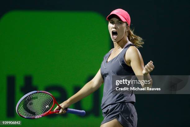 Danielle Collins of the United States reacts after a point against Jelena Ostapenko of Latvia during their semifinal match on Day 11 of the Miami...