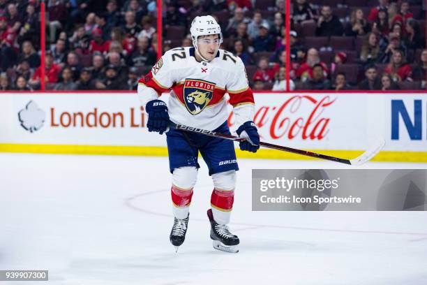 Florida Panthers Right Wing Frank Vatrano applies pressure with the forecheck during first period National Hockey League action between the Florida...