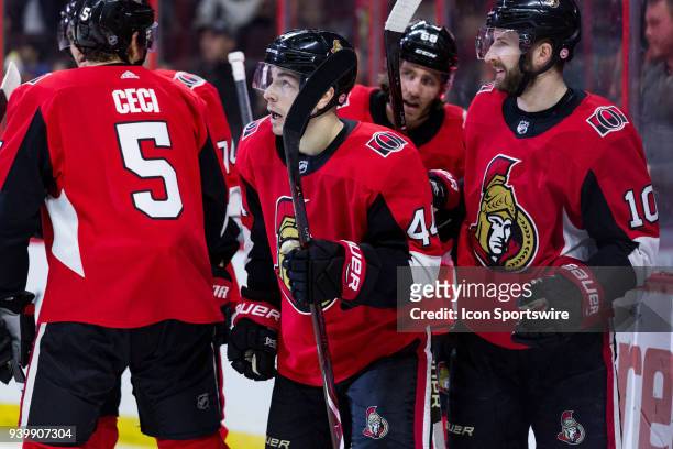 Ottawa Senators Center Jean-Gabriel Pageau after celebrating a goal with teammates during second period National Hockey League action between the...
