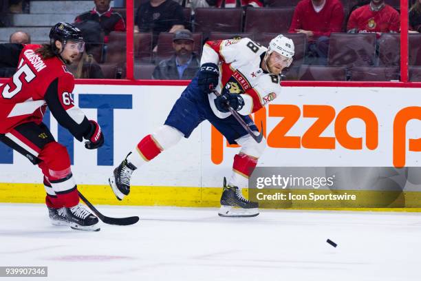 Florida Panthers Left Wing Jamie McGinn shoots the puck during third period National Hockey League action between the Florida Panthers and Ottawa...