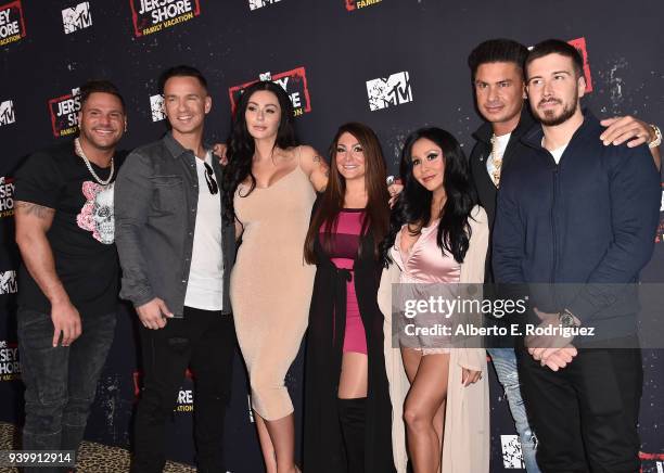 Ronnie Ortiz-Magro, Mike Sorrentino, Jenni Farley, Deena Cortese, Nicole Polizzi, Pauly DelVecchio and Vinny Guadagnino attend the Premiere of MTV...