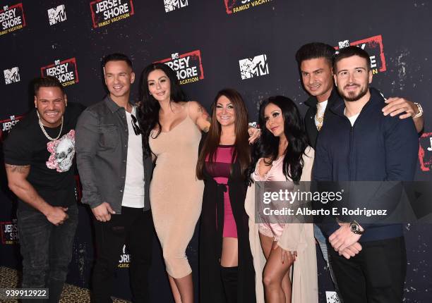 Ronnie Ortiz-Magro, Mike Sorrentino, Jenni Farley, Deena Cortese, Nicole Polizzi, Pauly DelVecchio and Vinny Guadagnino attend the Premiere of MTV...