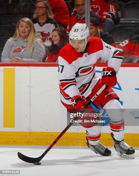 Trevor van Riemsdyk of the Carolina Hurricanes in action against the New Jersey Devils on March 27, 2018 at Prudential Center in Newark, New Jersey....