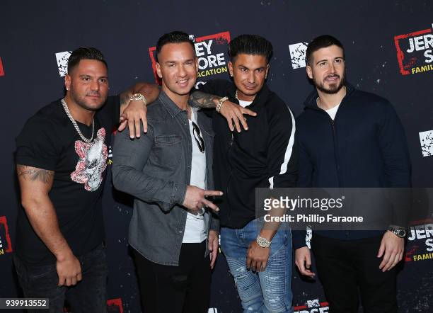 Ronnie Ortiz-Magro, Mike 'The Situation' Sorrentino, Paul 'Pauly D' DelVecchio, and Vinny Guadagnino attend the "Jersey Shore Family Vacation" Global...