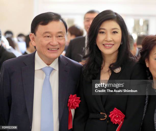 Thai Former Prime Ministers Thaksin and Yingluck Shinawatra attend a book publishing party of veteran lawmaker Hajime Ishii on March 29, 2018 in...