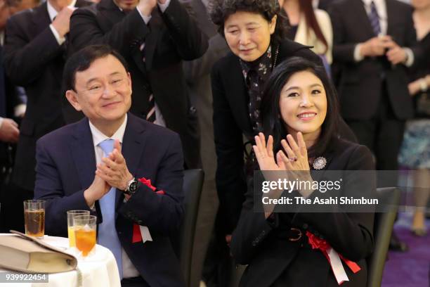 Thai Former Prime Ministers Thaksin and Yingluck Shinawatra attend a book publishing party of veteran lawmaker Hajime Ishii on March 29, 2018 in...