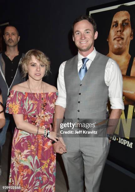 Laura Slade Wiggins and Kyle Weishaar attend the Los Angeles Premiere of Andre The Giant from HBO Documentaries on March 29, 2018 in Los Angeles,...