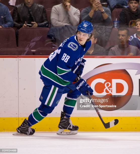 Vancouver Canucks Center Adam Gaudette skates in his first NHL game against the Edmonton Oilers during the first period in a NHL hockey game on March...