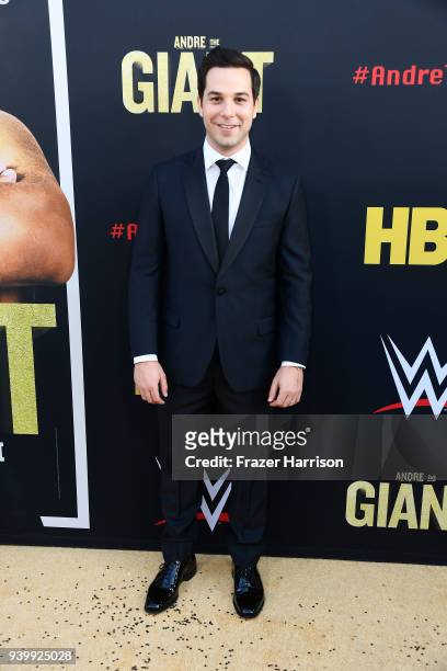 Skylar Astin attends the Premiere Of HBO's "Andre The Giant" at The Cinerama Dome on March 29, 2018 in Los Angeles, California.