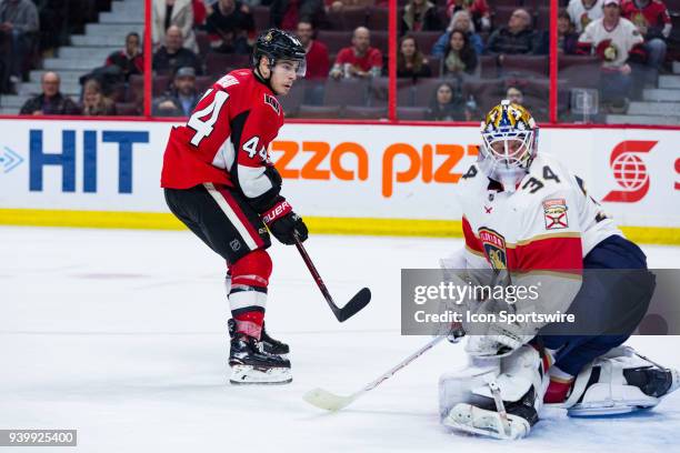 Ottawa Senators Center Jean-Gabriel Pageau and Florida Panthers Goalie James Reimer looks to see the puck in the net during overtime National Hockey...