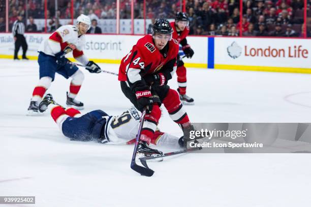 Ottawa Senators Center Jean-Gabriel Pageau is tripped on a breakaway by Florida Panthers Defenceman Mike Matheson during overtime National Hockey...