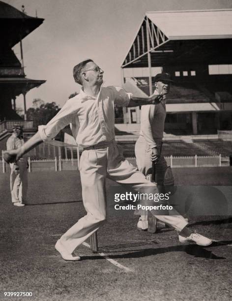 Cricketer writer, Neville Cardus, playing for an MCC eleven against Ringwood at the Melbourne Cricket Ground, circa 1937. Sir Neville Cardus was born...
