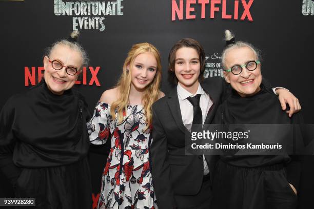 Avi Lake, Dylan Kingwell, Jacqueline Robbins and Joyce Robbins attend the Netflix Premiere of "A Series of Unfortunate Events" Season 2 on March 29,...
