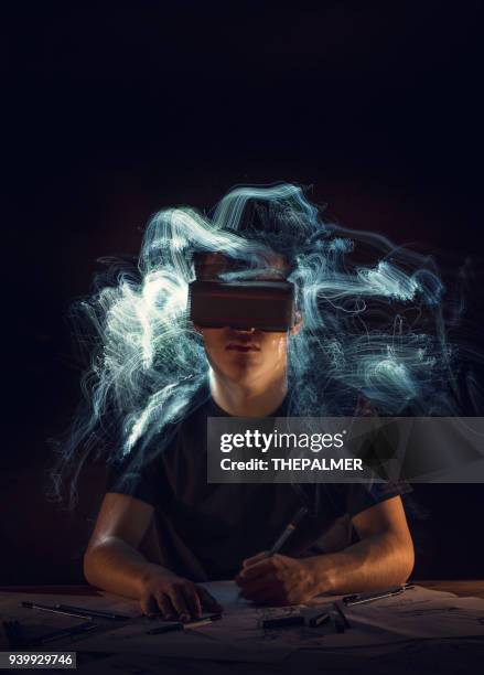 teenager drawing with vr googles - 2018 futures game stock pictures, royalty-free photos & images