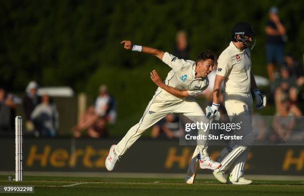 New Zealand bowler Trent Boult in action during day one of the Second Test Match between the New Zealand Black Caps and England at Hagley Oval on...