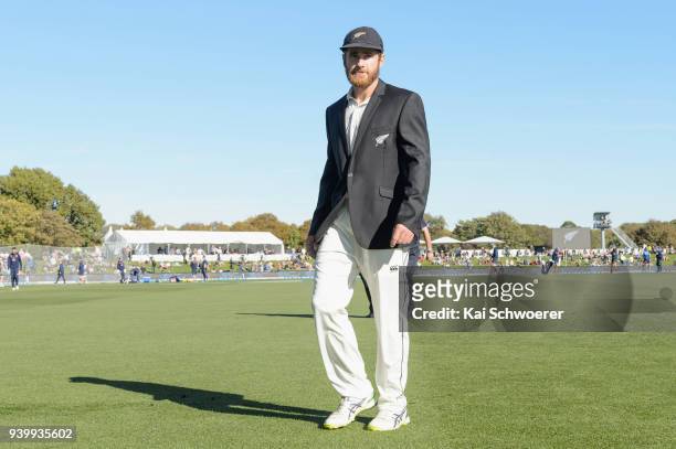Kane Williamson of New Zealand looks on prior to day one of the Second Test match between New Zealand and England at Hagley Oval on March 30, 2018 in...