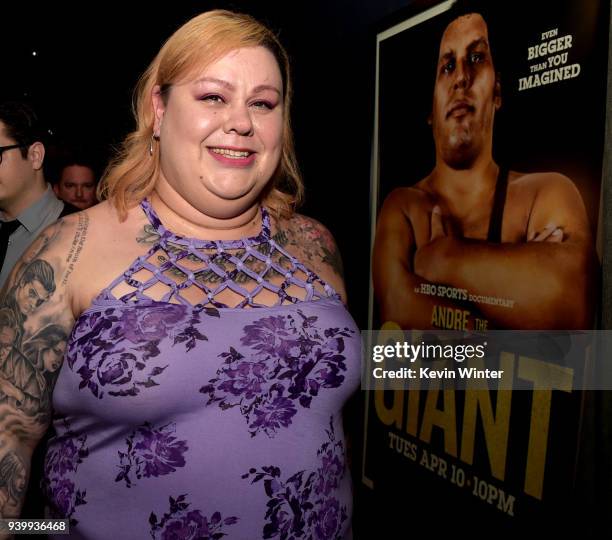 Robin Christensen, Andre's daughter poses at the after party for the premiere of HBO's "Andre The Giant" at Le Jardin on March 29, 2018 in Los...