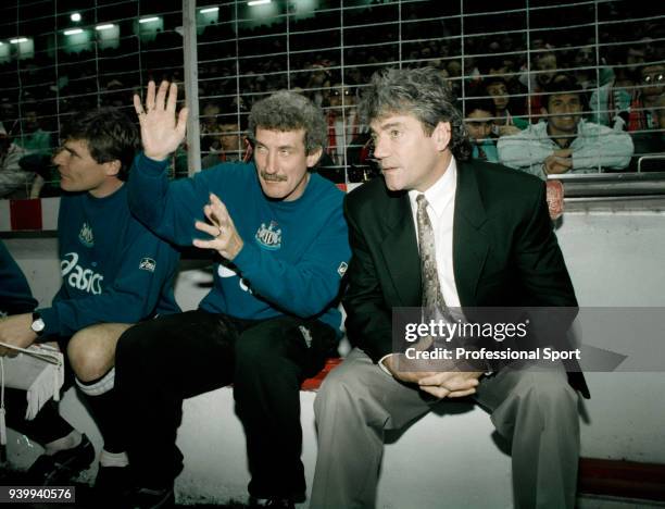 Newcastle United manager Kevin Keegan discusses tactics with his assistant Terry McDermott during the UEFA Cup 2nd Round 2nd leg between Athletic...