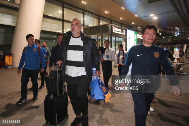 Football fans welcome Jiangsu Suning's new head coach Cosmin Olaroiu who will in place of Fabio Capello on March 29, 2018 in Nanjing, Jiangsu...