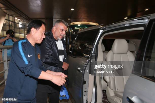 Football fans welcome Jiangsu Suning's new head coach Cosmin Olaroiu who will in place of Fabio Capello on March 29, 2018 in Nanjing, Jiangsu...