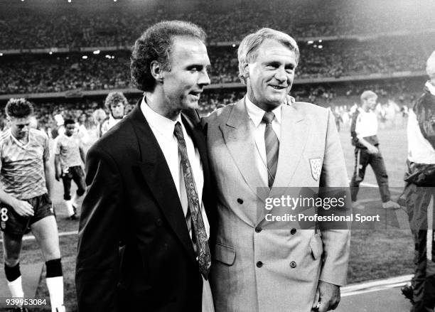 West Germany manager Franz Beckenbauer with England manager Bobby Robson after the FIFA World Cup Semi Final between West Germany and England at the...