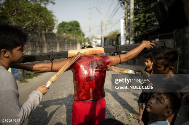 Flagellant has his back whipped by bamboo as part of their penitence during the re-enactment of the crucifixion of Jesus Christ for Good Friday...