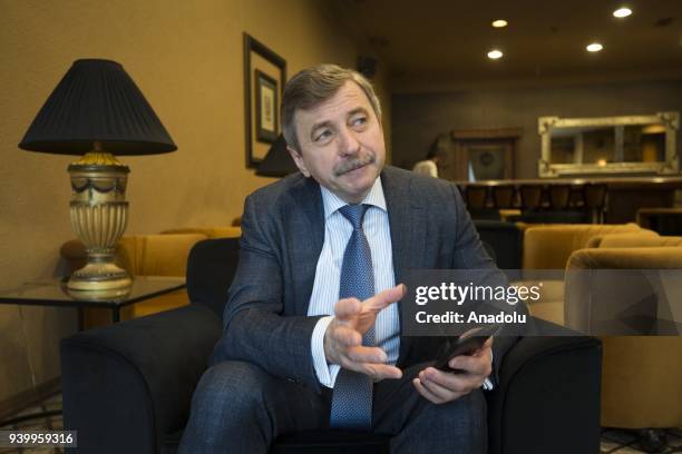 Russian cosmonaut Aleksandr Ivanovich Lazutkin speaks during an exclusive interview regarding his 6-month period in space station in Ankara, Turkey...