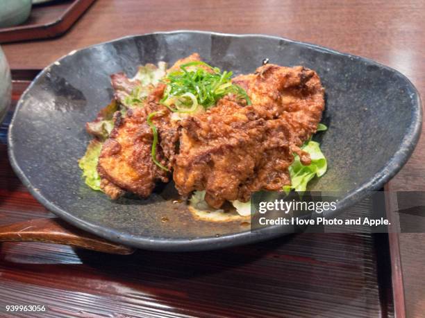 karaage / fried chicken - scallion brush stock pictures, royalty-free photos & images