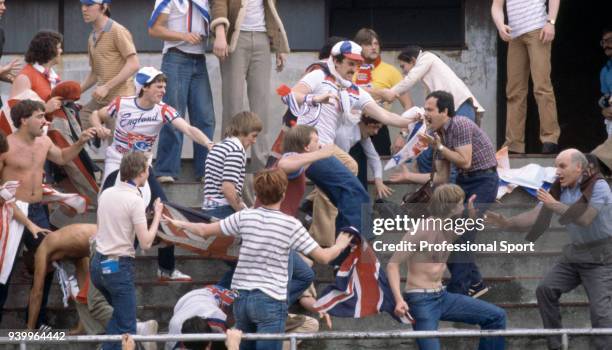 England Hooligans fighting on the terraces during the UEFA Euro 1980 group match between Belgium and England at the Stadio Comunale on June 12, 1980...