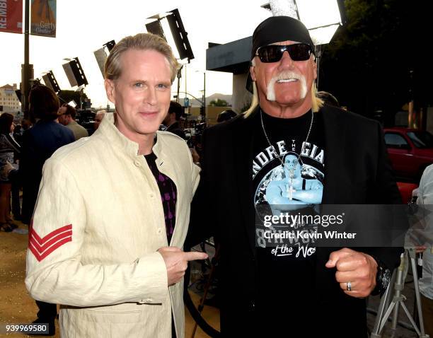 Actor Cary Elwes wrestler Hulk Hogan arrive at the premiere of HBO's "Andre The Giant" at the Cinerama Dome on March 29, 2018 in Los Angeles,...
