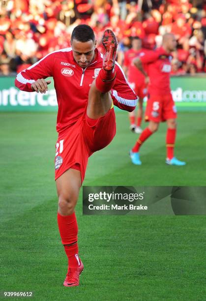 Tarek Elrich of Adelaide United warms up during the round 25 A-League match between Adelaide United and the Wellington Phoenix at Coopers Stadium on...