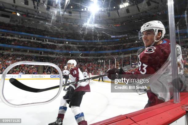 Matt Nieto of the Colorado Avalanche watches for the puck in the first period against the Chicago Blackhawks at the United Center on March 6, 2018 in...