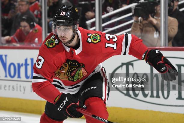 Tomas Jurco of the Chicago Blackhawks looks up the ice in the first period against the Colorado Avalanche at the United Center on March 6, 2018 in...