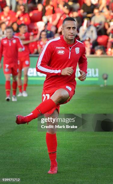 Tarek Elrich of Adelaide United during the round 25 A-League match between Adelaide United and the Wellington Phoenix at Coopers Stadium on March 30,...