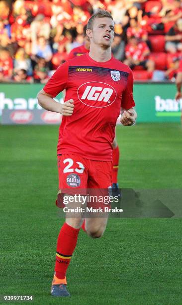 Jordan Elsey of Adelaide United warms up during the round 25 A-League match between Adelaide United and the Wellington Phoenix at Coopers Stadium on...