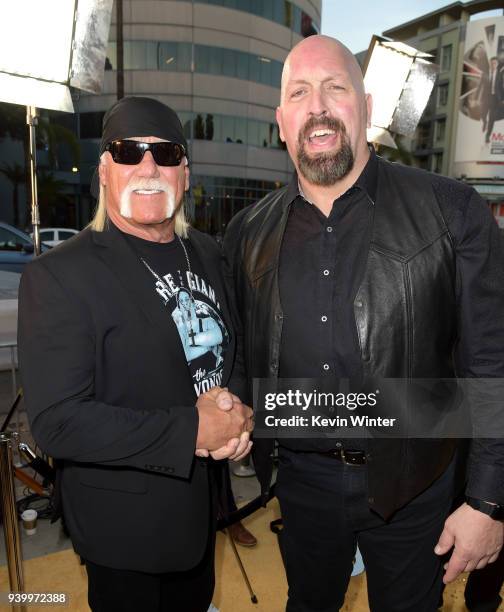 Wrestlers Hulk Hogan and Paul "Big Show" Wright II arrive at the premiere of HBO's "Andre The Giant" at the Cinerama Dome on March 29, 2018 in Los...