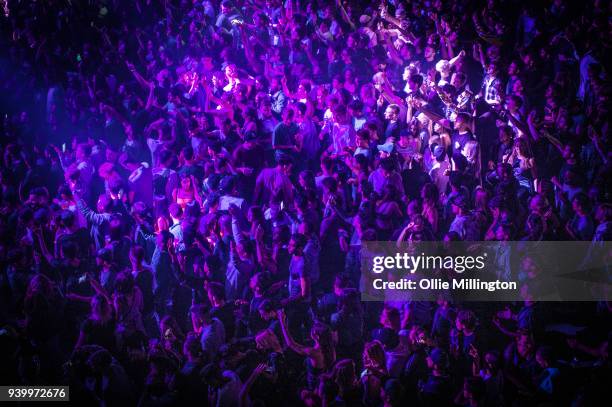 The crowd watch on as Sub Focus performs on stage at Brixton Academy on March 29, 2018 in London, England.