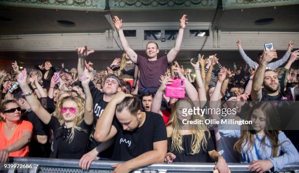 The crowd watch on as Sub Focus performs on stage at Brixton Academy on March 29, 2018 in London, England.
