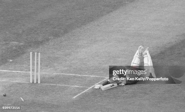 West Indies batsman Desmond Haynes survives a runout attempt during his innings of 184 in the 2nd Test match between England and West indies at...