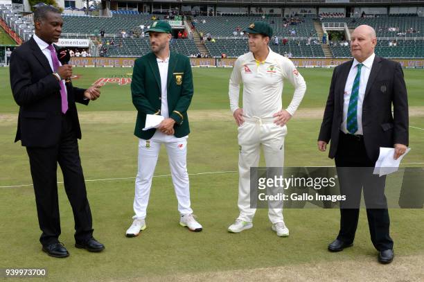 Michael Holding, Faf du Plessis of the Proteas, Tim Paine of Australia and Match Referee, Andy Pycroft during day 1 of the 4th Sunfoil Test match...
