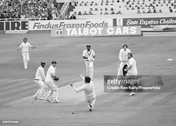 Chance from West Indies batsman Gordon Greenidge off the bowling of John Emburey of England evades Graham Gooch at first slip during the 5th Test...
