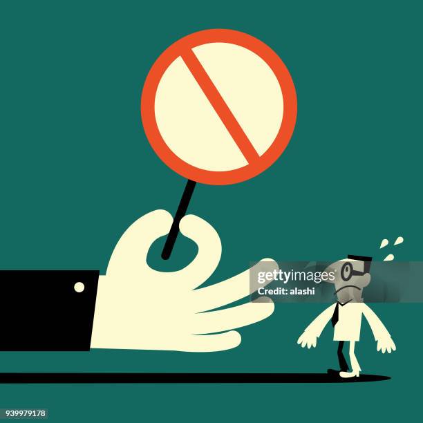 große hand zeigt eine leere verbotszeichen mit einem geschäftsmann - verbotsschild stock-grafiken, -clipart, -cartoons und -symbole