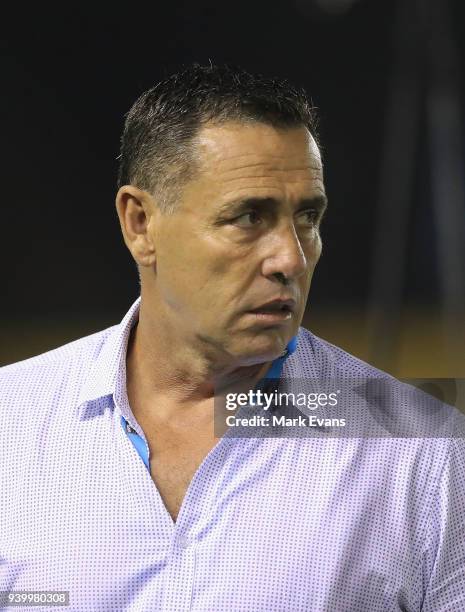 Sharks Coach Shane Flanagan looks on during the round four NRL match between the Cronulla Sharks and the Melbourne Storm at Southern Cross Group...