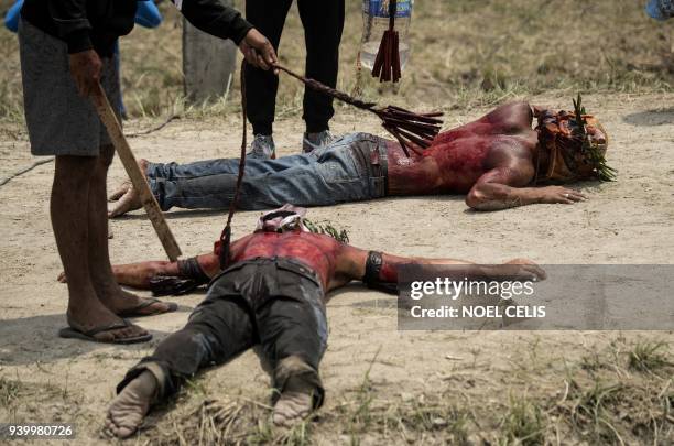 Participants have their bloodied backs whipped with bamboo as part of their penitence during the re-enactment of the crucifixion of Jesus Christ for...