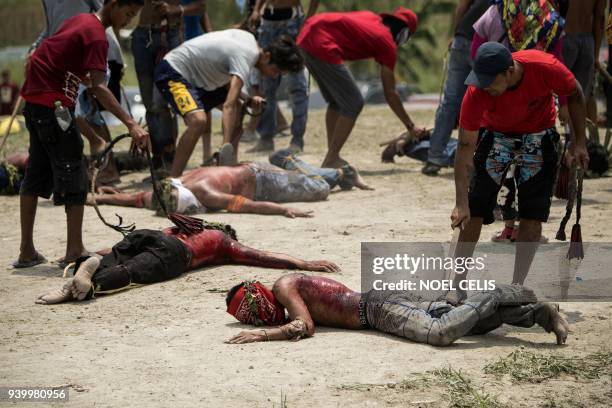 Participants have their bloodied backs whipped with bamboo as part of their penitence during the re-enactment of the crucifixion of Jesus Christ for...