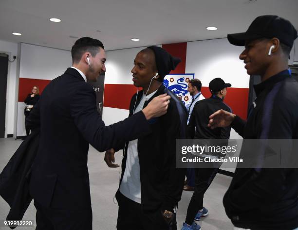 Matteo Darmian of Italy and Ashley Young of England chat prior to the friendly match between England and Italy at Wembley Stadium on March 27, 2018...