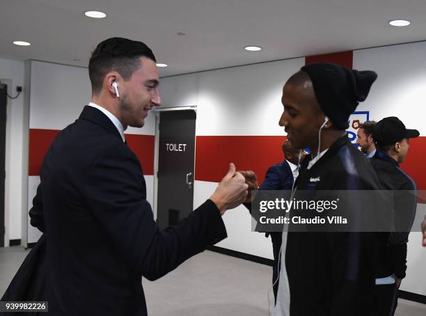 Matteo Darmian of Italy and Ashley Young of England chat prior to the friendly match between England and Italy at Wembley Stadium on March 27, 2018...